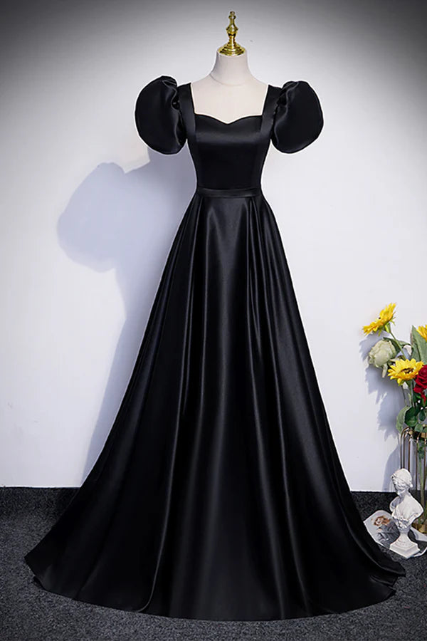 Wholesale Black Satin Floor Length Prom Dress Simple Black Short Sleeve Evening Dress