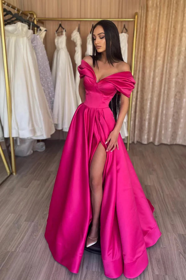Wholesale Stylish A-Line Off the Shoulder Satin Long Prom Dress Hot Pink Satin Pleats Evening Dress with Slit