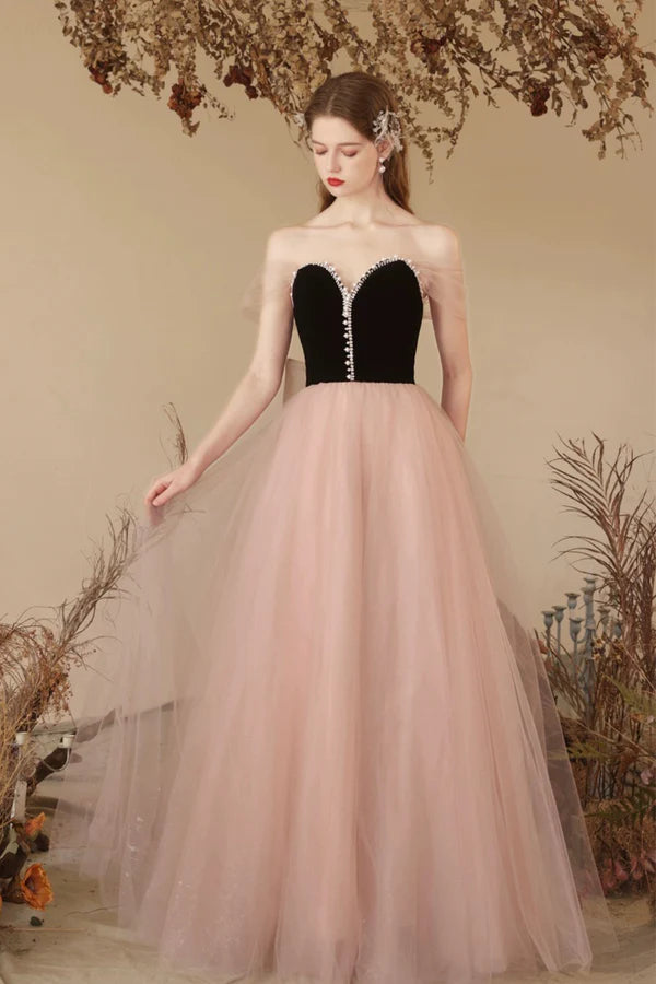 Wholesale Black Velvet and Pink Tulle Long Prom Dress Beautiful Sweetheart Neck Evening Dress