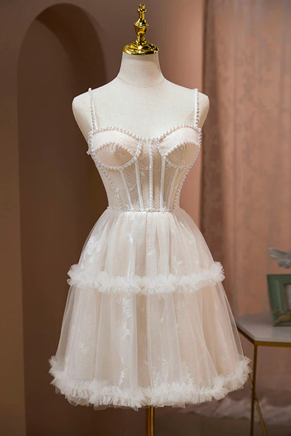 Wholesale Champagne Lace Short Prom Dress Spaghetti Straps Party Dress with Pearl