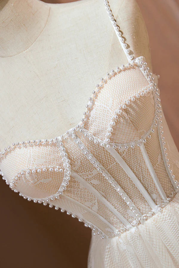 Wholesale Champagne Lace Short Prom Dress Spaghetti Straps Party Dress with Pearl