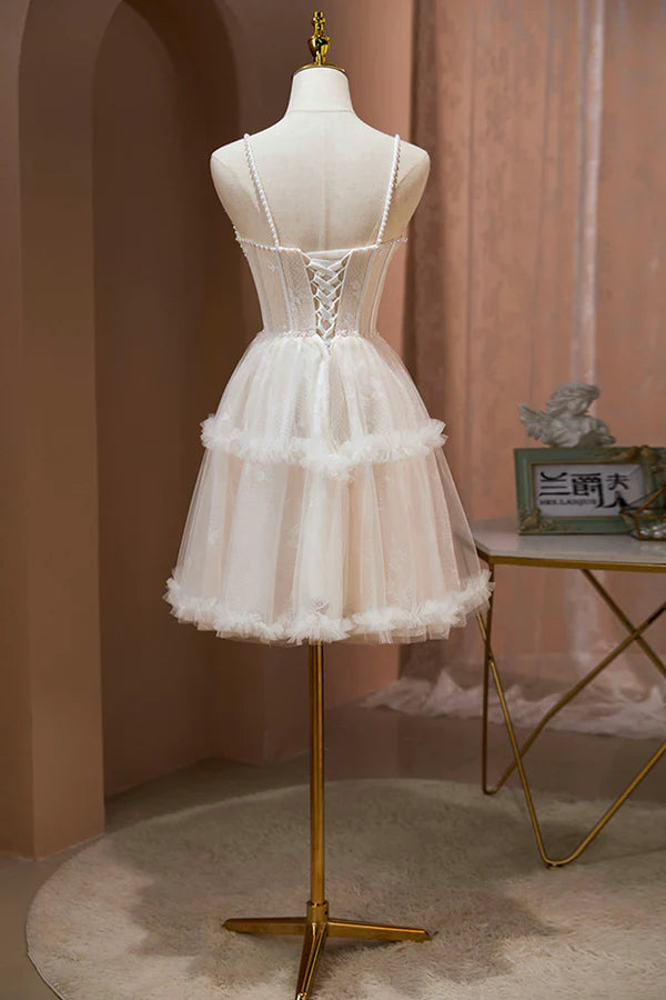 Wholesale Champagne Lace Short Prom Dress Spaghetti Straps Party Dress with Pearl