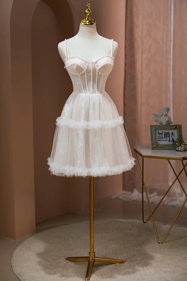 Wholesale Champagne Lace Short Prom Dress Spaghetti Straps Party Dress with Pearl
