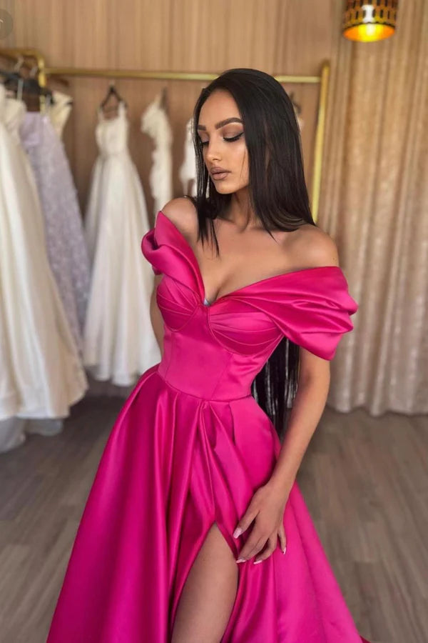 Wholesale Stylish A-Line Off the Shoulder Satin Long Prom Dress Hot Pink Satin Pleats Evening Dress with Slit