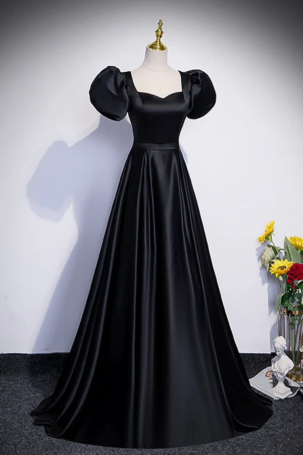 Wholesale Black Satin Floor Length Prom Dress Simple Black Short Sleeve Evening Dress