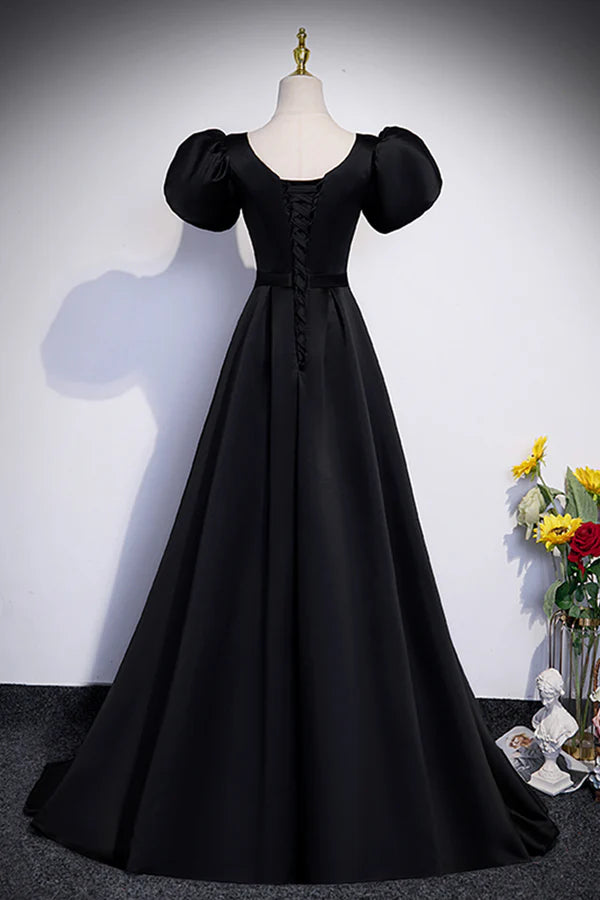 Wholesale Black Satin Floor Length Prom Dress Simple Black Short Sleeve Evening Dress