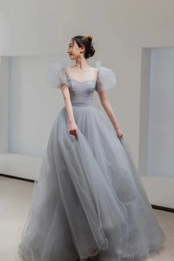Wholesale Gray Tulle Floor Length A-Line Prom Dress Lovely Puff Sleeve Evening Party Dress
