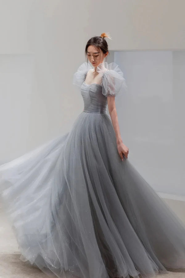 Wholesale Gray Tulle Floor Length A-Line Prom Dress Lovely Puff Sleeve Evening Party Dress