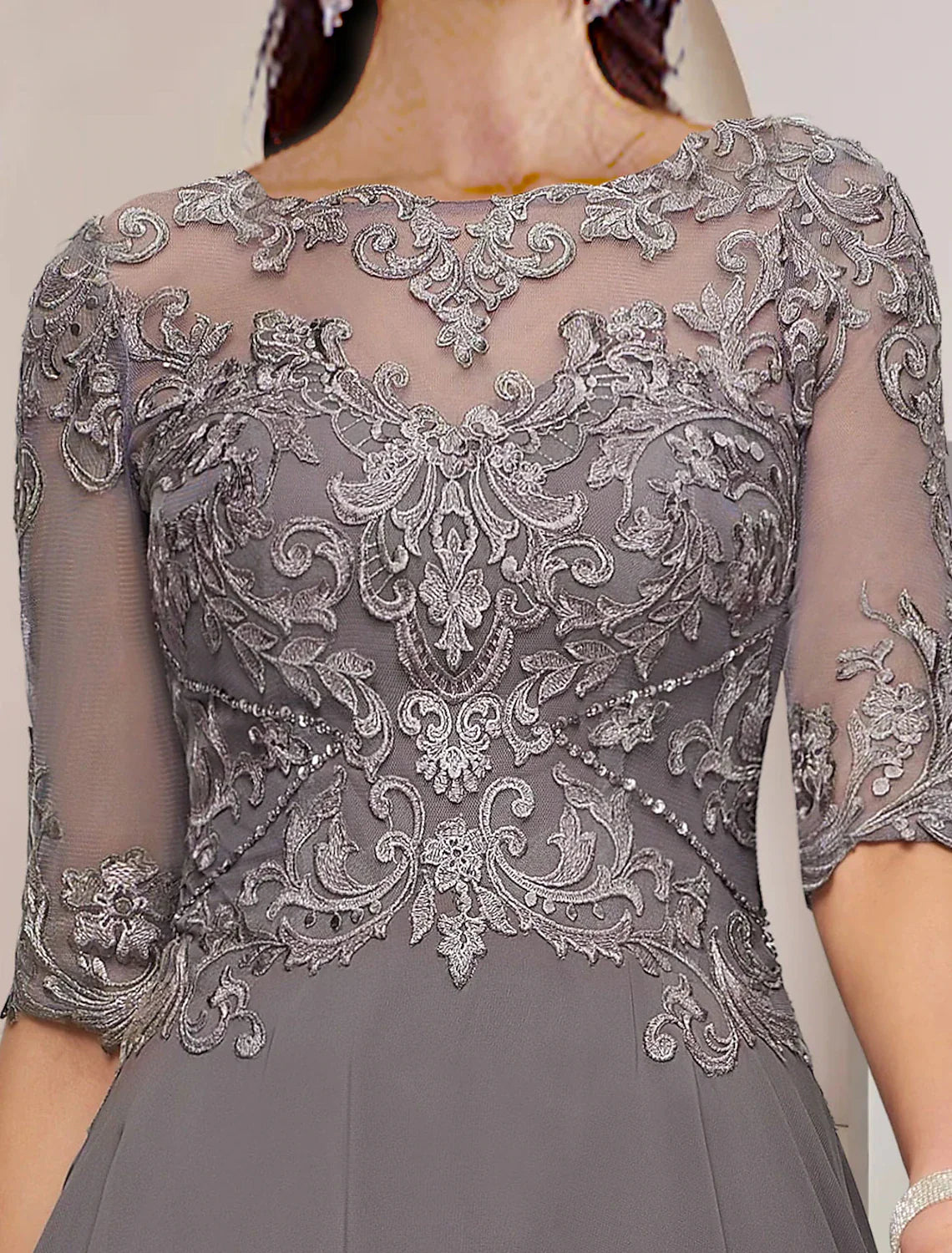 Wholesale A-Line Mother of the Bride Dress Formal Wedding Guest Elegant High Low Scoop Neck Asymmetrical Tea Length Chiffon Lace Half Sleeve with Pleats Appliques