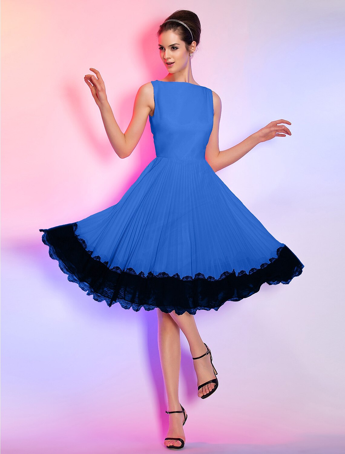 Wholesale A-Line Vintage Dress Homecoming Graduation Knee Length Sleeveless Boat Neck Pink Dress Chiffon with Lace