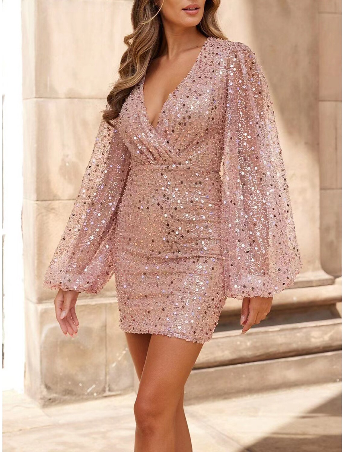Wholesale Women's Sequin Dress Party Dress Sparkly Dress Homecoming Dress Mini Dress White Long Sleeve Summer Spring Fall Deep V Modern
