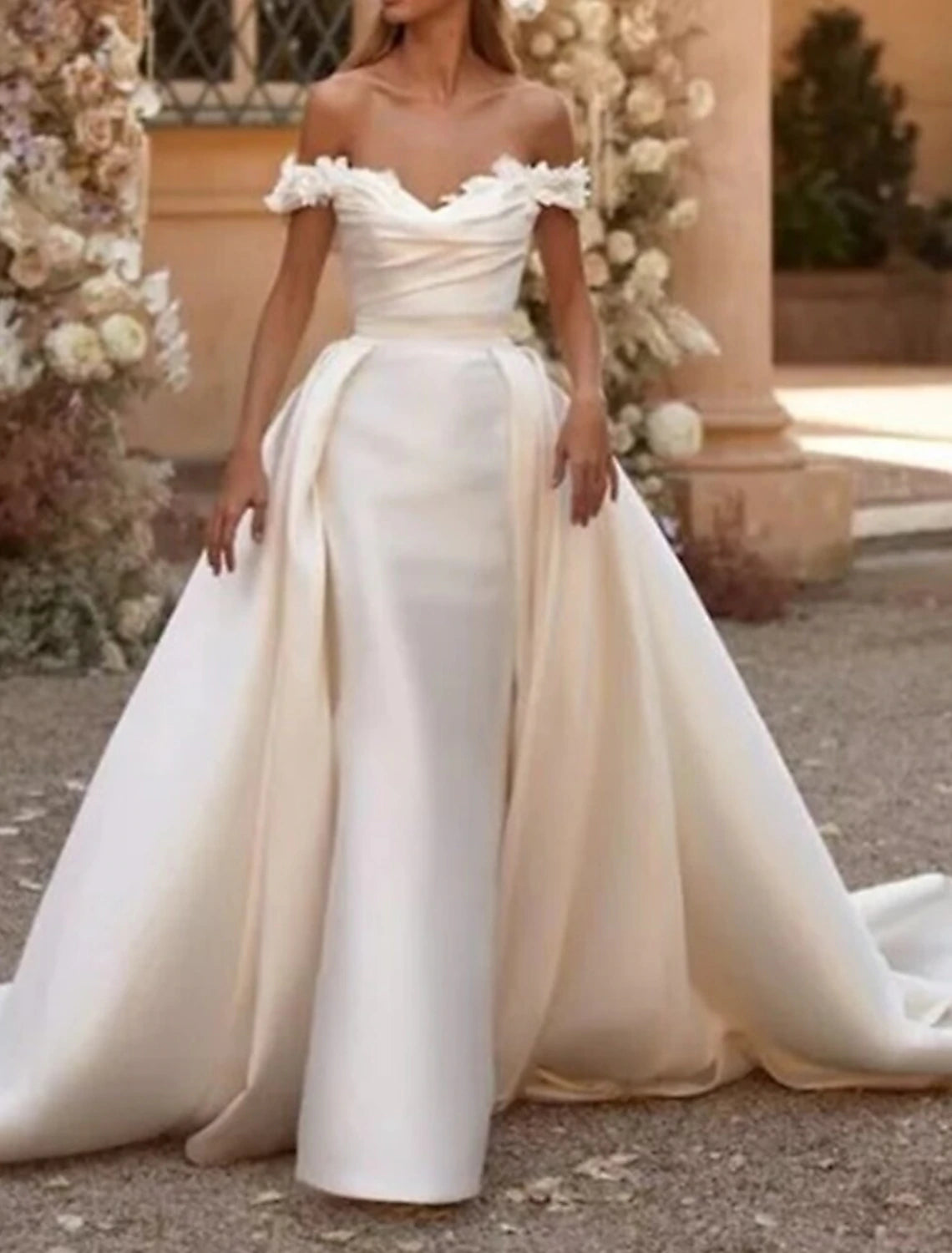 Wholesale Engagement Formal Wedding Dresses Sheath / Column Off Shoulder Cap Sleeve Court Train Satin Bridal Gowns With Ruched Solid Color