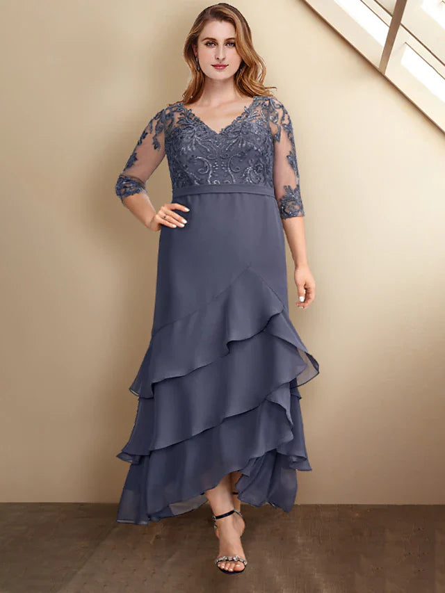 Wholesale A-Line Plus Size Curve Mother of the Bride Dresses Elegant Dress Formal Ankle Length Half Sleeve V Neck Chiffon with Ruffles Appliques