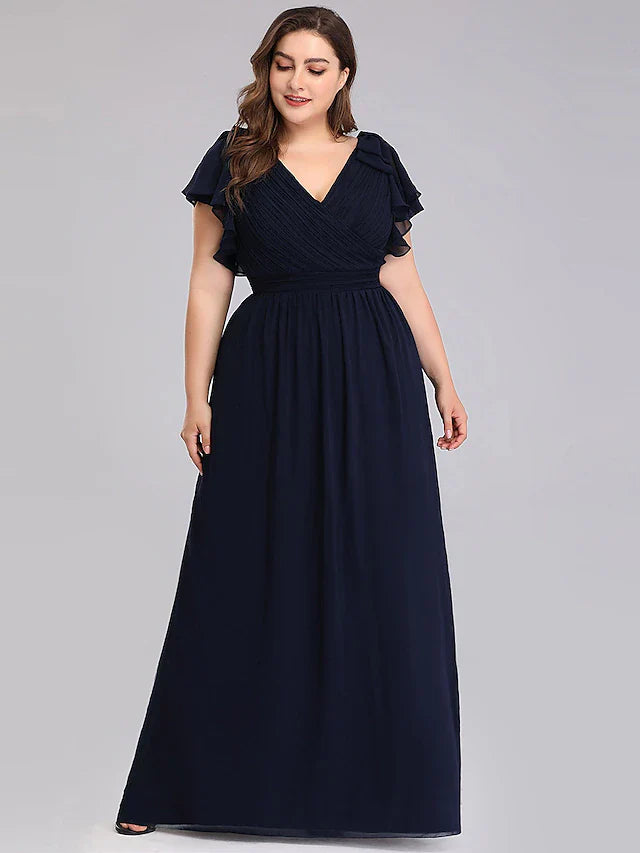Wholesale A-Line Mother of the Bride Dress Plus Size V Neck Floor Length Chiffon Short Sleeve with Ruffles Ruching