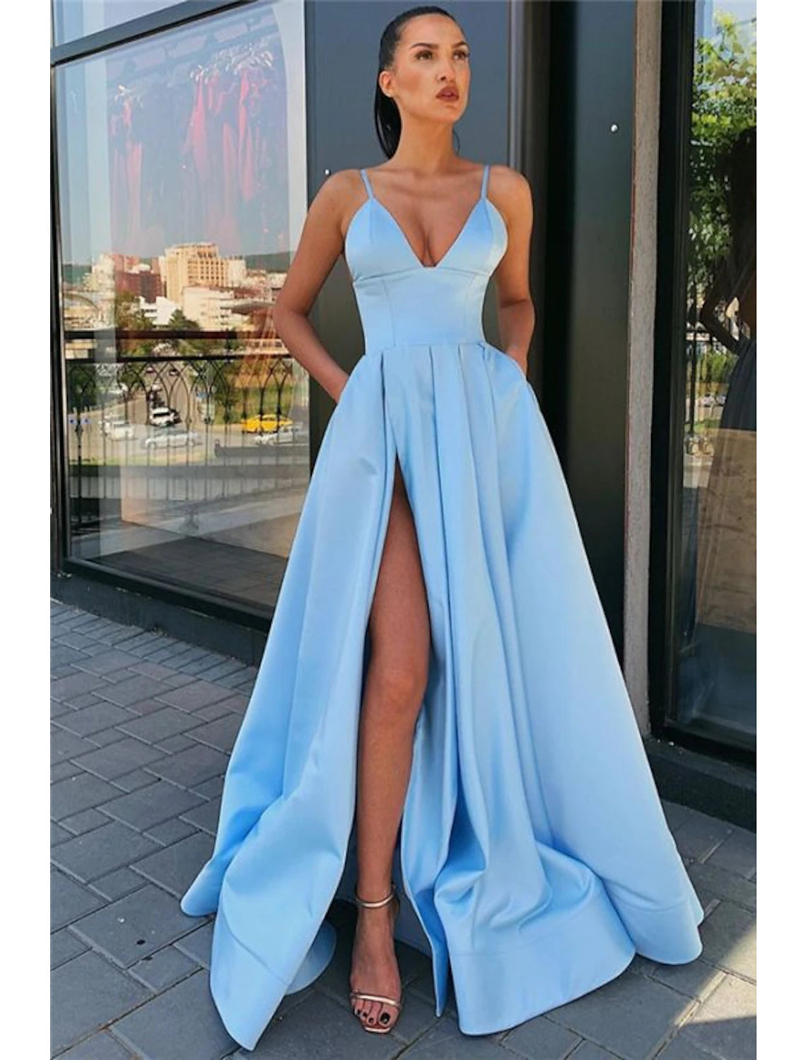 Wholesale  A-Line Black Prom Dress High Split Evening Dress Formal Birthday Summer Dress Spaghetti Strap Sleeveless Sweep / Brush Train Satin with Pleats Split Front