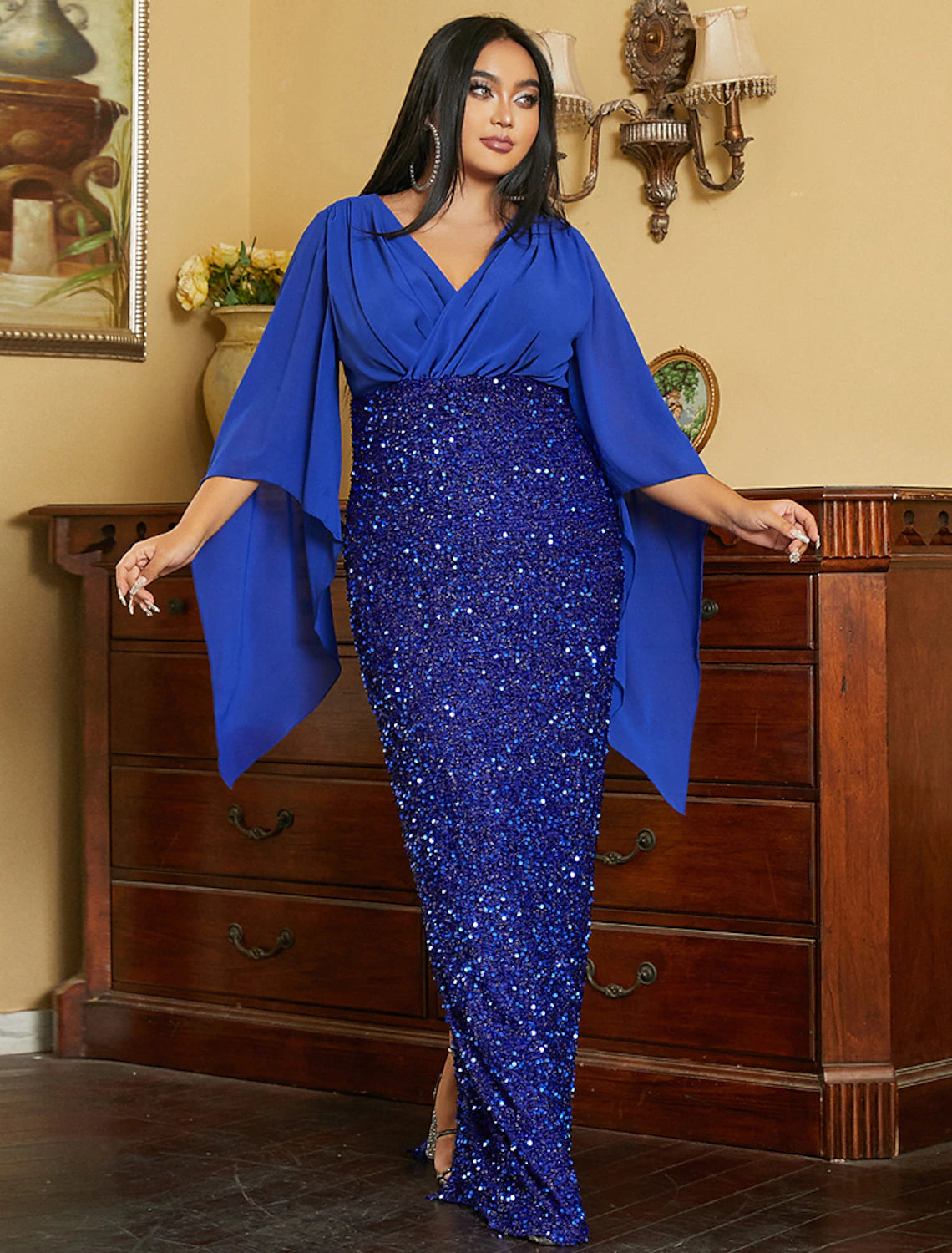 Wholesale  Mermaid / Trumpet Wedding Guest Dresses Plus Size Dress Cocktail Party Black Tie Floor Length Long Sleeve V Neck Fall Wedding Guest Sequined with Glitter Slit