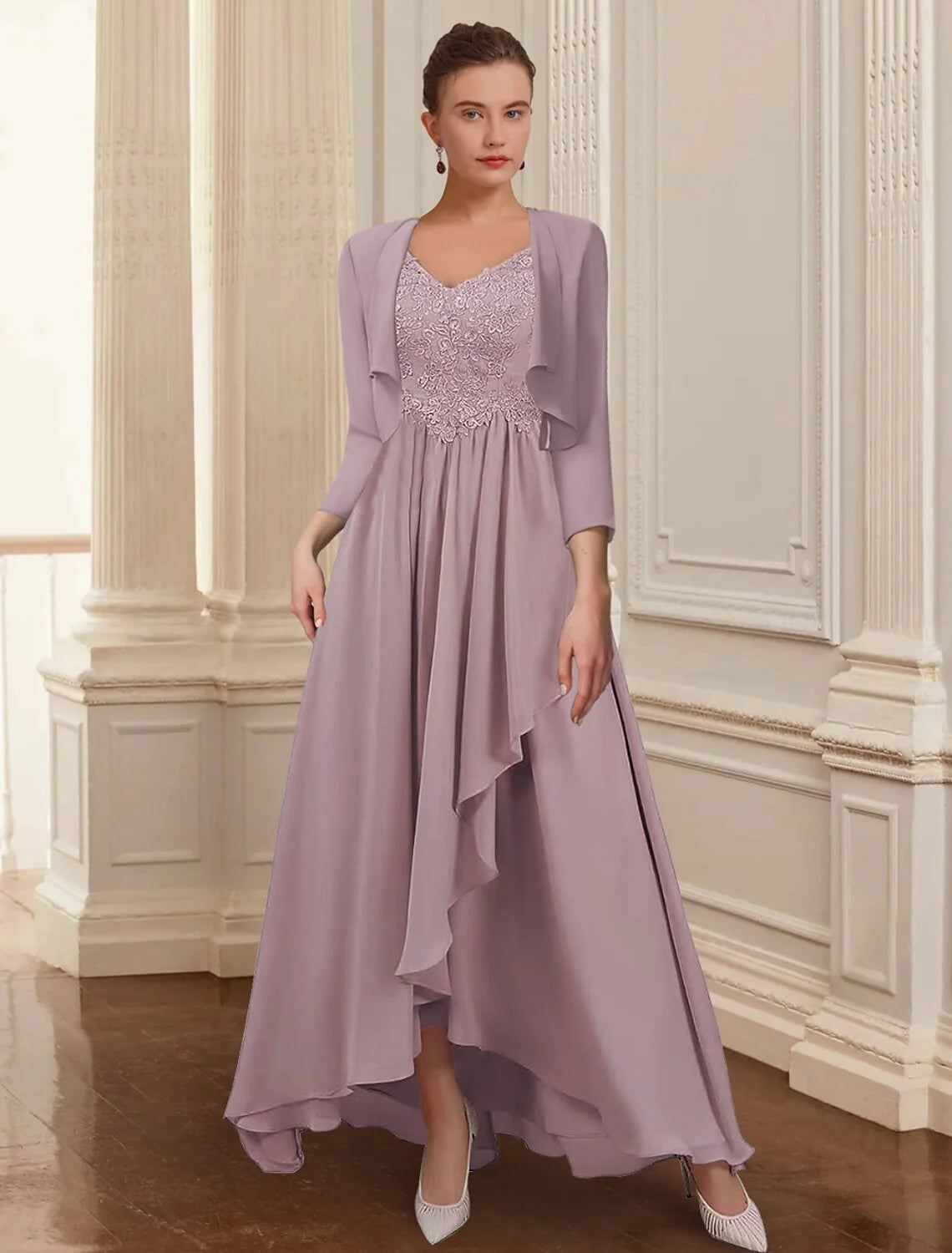 Wholesale Two Piece A-Line Mother of the Bride Dress Formal Wedding Guest Elegant High Low V Neck Asymmetrical Ankle Length Chiffon Lace 3/4 Length Sleeve Jacket Dresses with Appliques