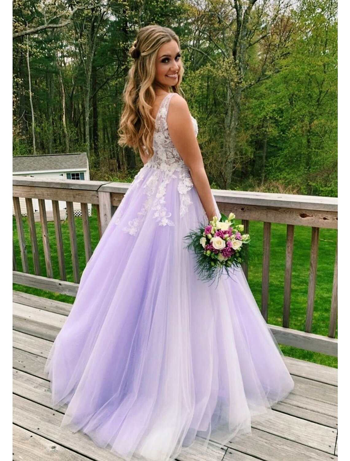 Wholesale  Ball Gown A-Line Prom Dresses Color Block Dress Formal Prom Floor Length Sleeveless V Neck Tulle Backless V Back with Beading Appliques