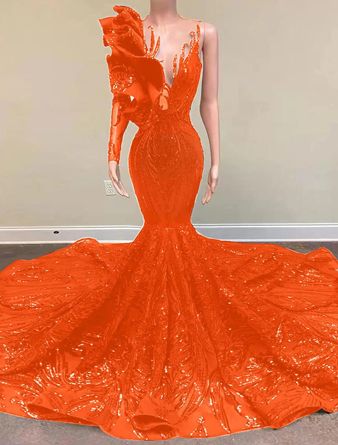Wholesale Mermaid Party Dress Evening Gown Sparkle Carnival Dress Engagement Formal Evening Court Train Long Sleeve One Shoulder Sequined with Sequin