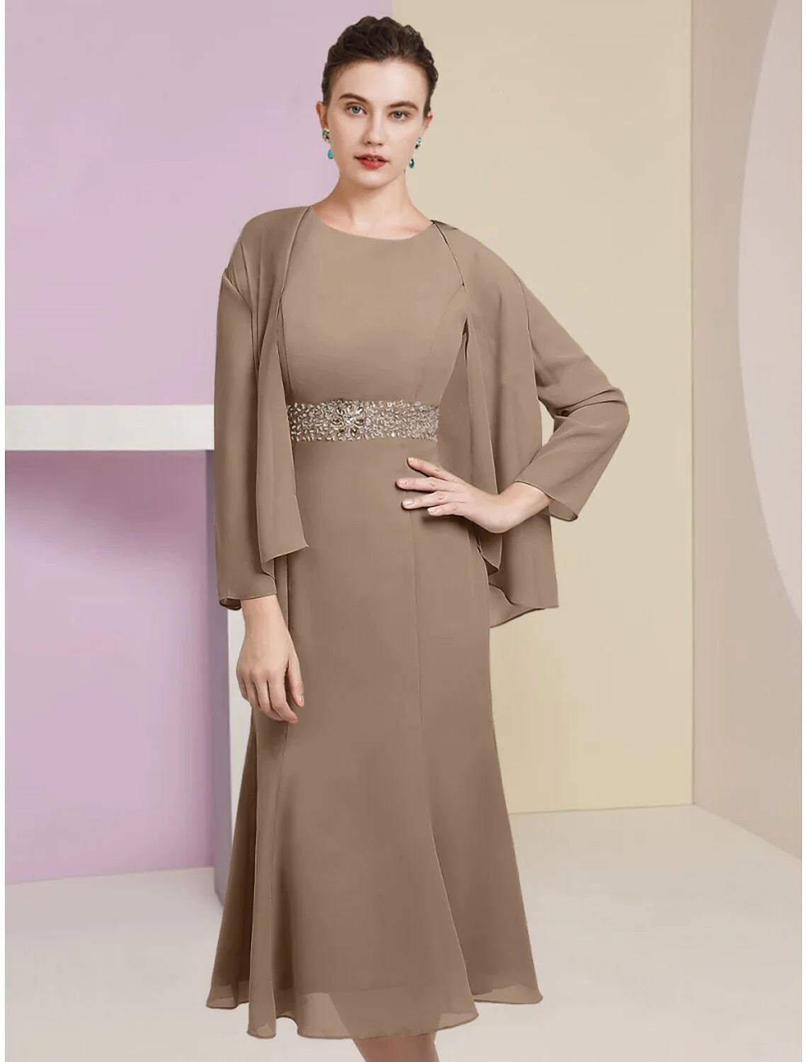 Wholesale Mermaid / Trumpet Mother of the Bride Dress Wedding Guest Elegant Scoop Neck Tea Length Chiffon Long Sleeve with Crystals Ruching