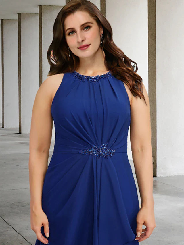 Wholesale Two Piece A-Line Plus Size Curve Mother of the Bride Dresses Elegant Dress Formal Floor Length Sleeveless Jewel Neck Chiffon with Pleats Crystals