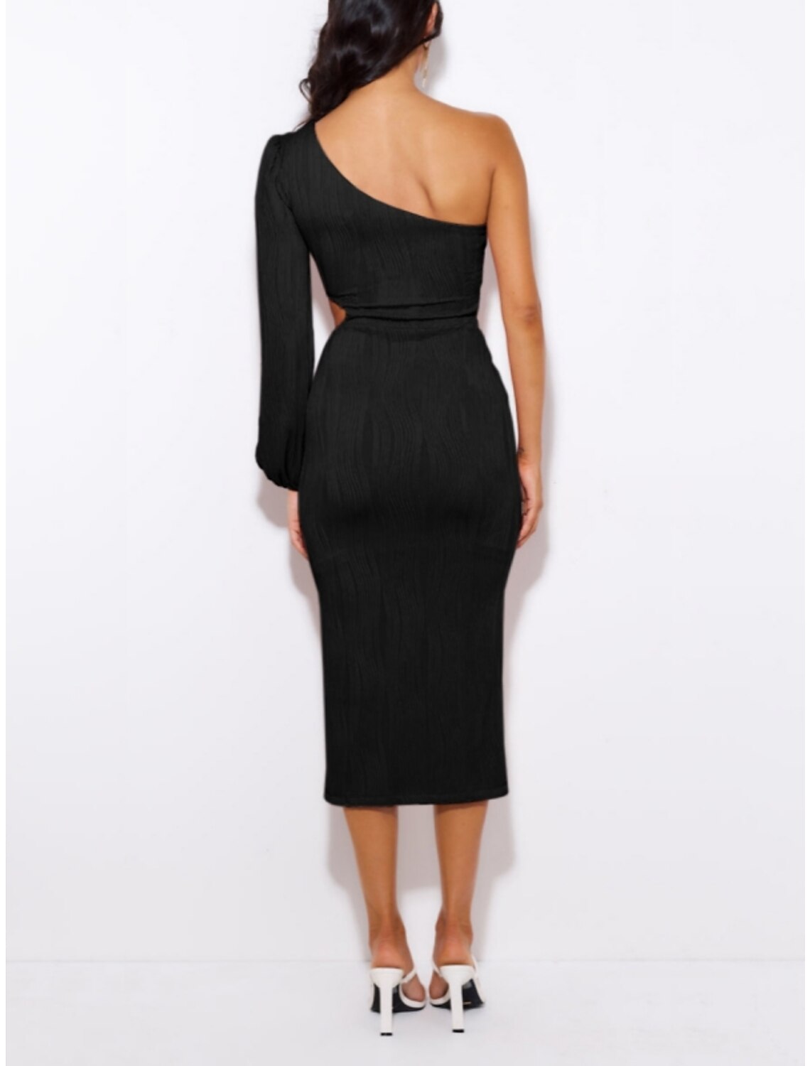 Wholesale Sheath Black Dress Party Dresses Elegant Dress Formal Tea Length Long Sleeve One Shoulder Stretch Fabric with Ruched