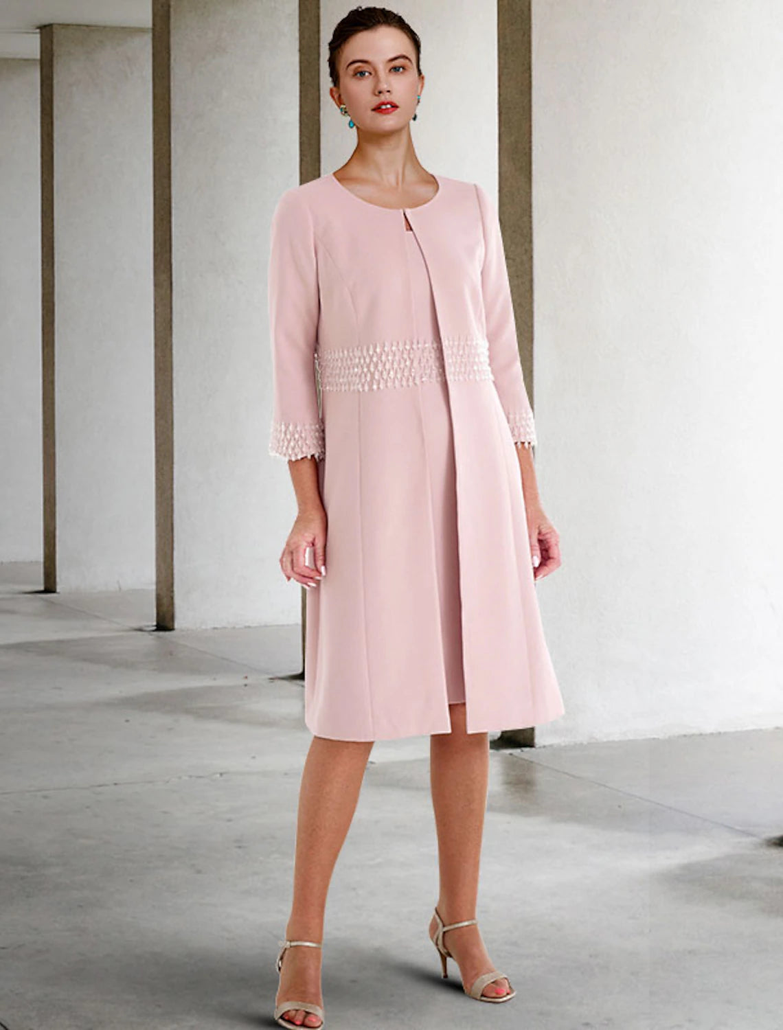 Wholesale  Two Piece Sheath / Column Mother of the Bride Dress Wedding Guest Church Elegant Jewel Neck Knee Length Stretch Fabric Short Sleeve Jacket Dresses with Beading Fall