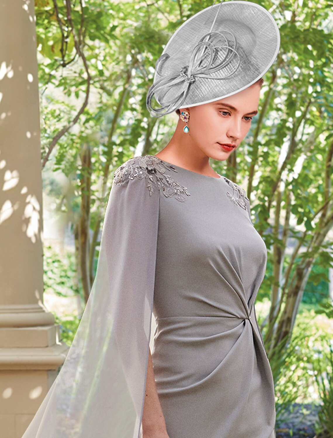 Wholesale  Sheath / Column Mother of the Bride Dress Formal Party Elegant Scoop Neck Ankle Length Chiffon Long Sleeve with Appliques Split Front Ruching