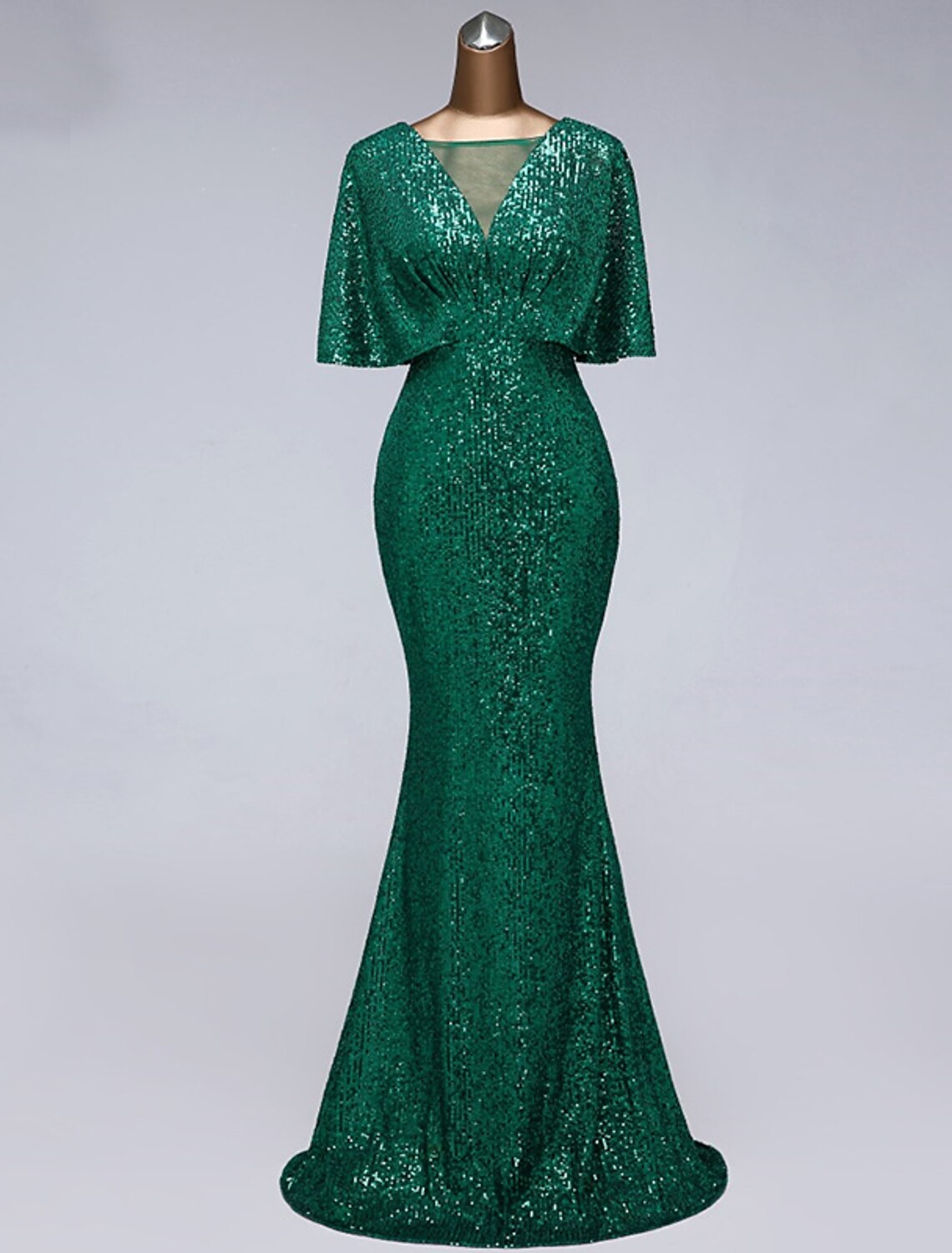 Wholesale  Mermaid / Trumpet Prom Dresses Sparkle Dress Wedding Guest Prom Floor Length Half Sleeve Illusion Neck Sequined with Sequin Ruffles