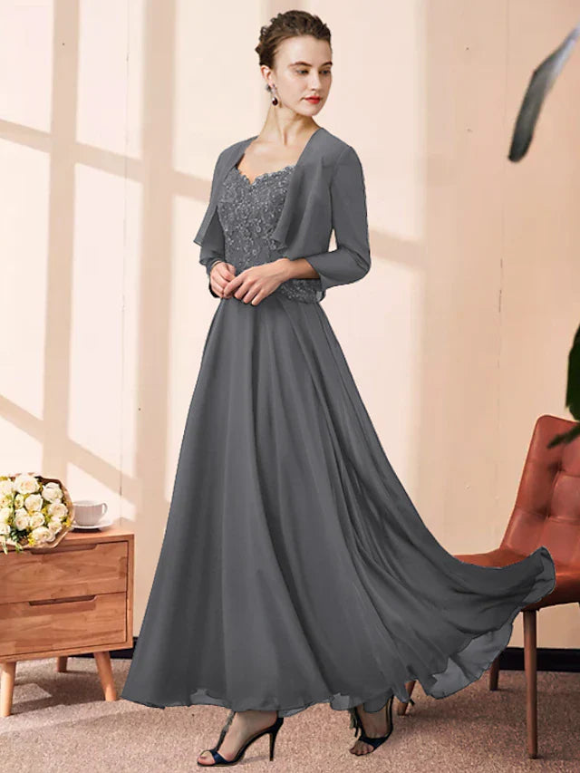 Wholesale Two Piece A-Line Mother of the Bride Dress Elegant V Neck Ankle Length Chiffon Lace Sleeveless with Pleats Appliques