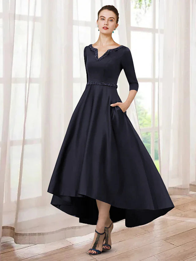 Wholesale A-Line Mother of the Bride Dress Elegant High Low V Neck Asymmetrical Tea Length Satin Half Sleeve with BeadingA-Line Mother of the Bride Dress Elegant High Low V Neck Asymmetrical Tea Length Satin Half Sleeve with Beading