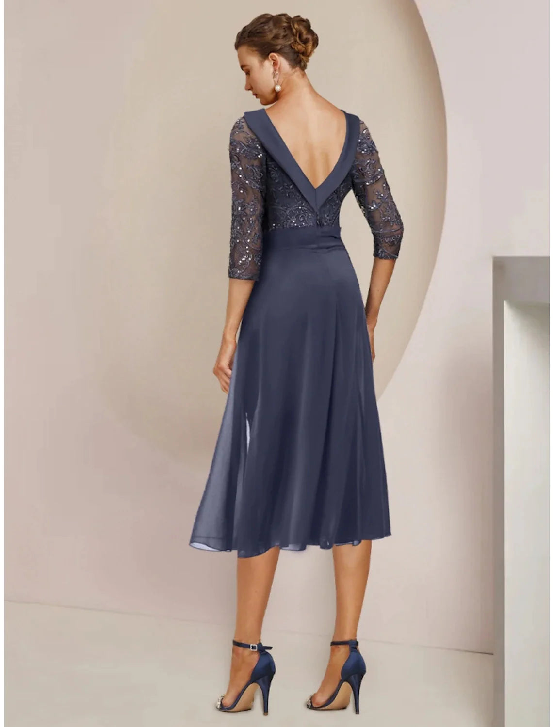 Wholesale A-Line Mother of the Bride Dress Wedding Guest Elegant Petite Scoop Neck Knee Length Stretch Chiffon 3/4 Length Sleeve with Bow(s) Sequin