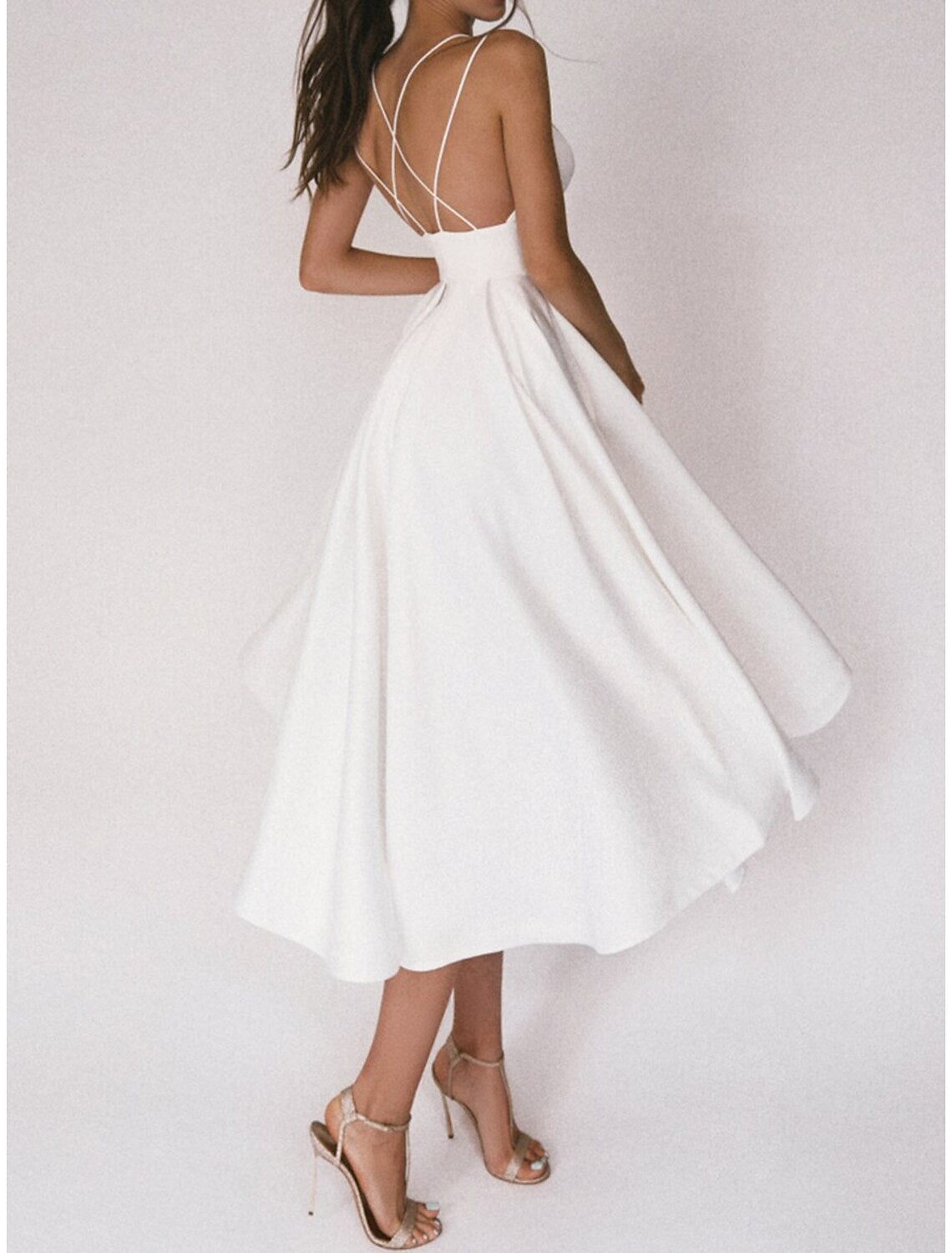 Wholesale A-Line Homecoming Dresses Open Back Dress Wedding Guest Holiday Tea Length Sleeveless Spaghetti Strap Spandex Backless with Pleats