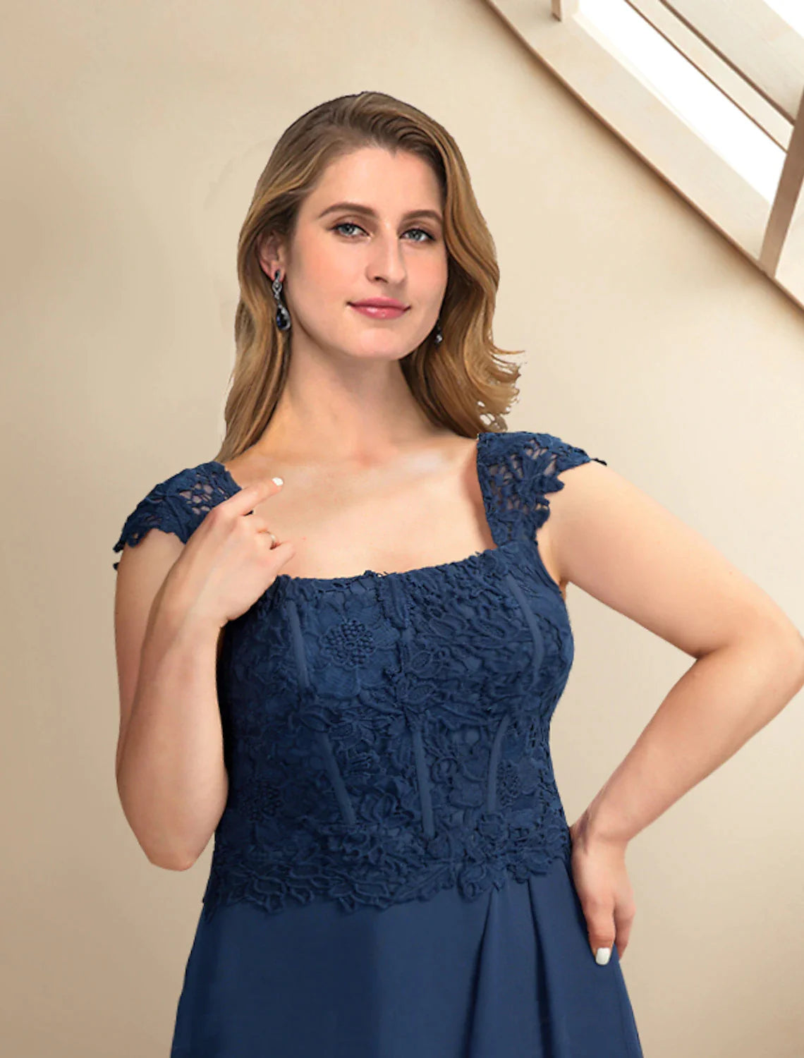 Wholesale Two Piece A-Line Mother of the Bride Dresses Plus Size Hide Belly Curve Elegant Dress Formal Asymmetrical Half Sleeve Square Neck Chiffon with Pleats Appliques