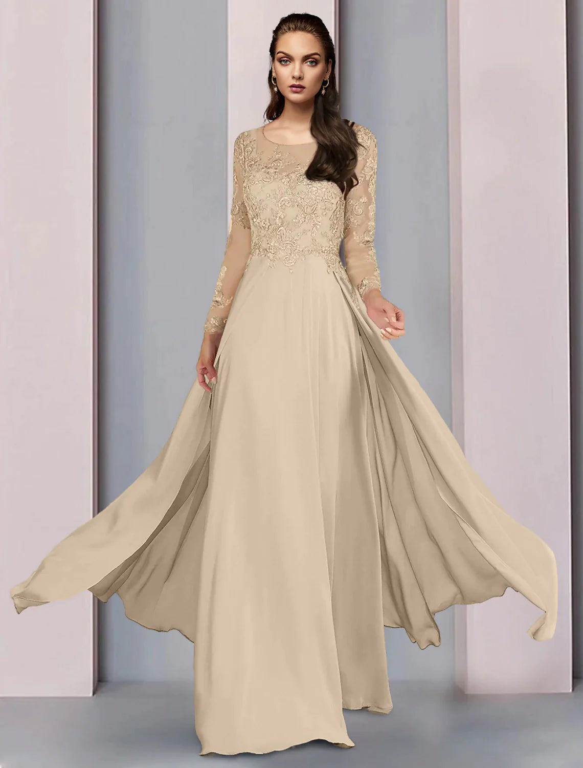 Wholesale A-Line Mother of the Bride Dress Wedding Guest Party Elegant Scoop Neck Floor Length Chiffon Half Sleeve with Lace Ruching