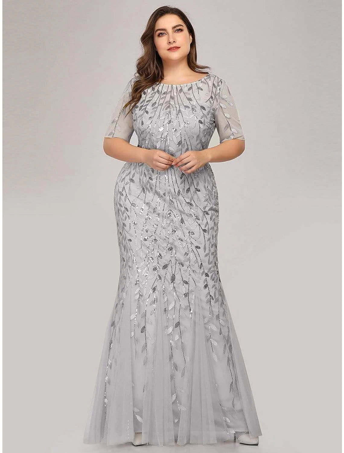 Wholesale Mermaid / Trumpet Empire Elegant Party Wear Formal Evening Dress Jewel Neck Short Sleeve Floor Length Tulle with Embroidery