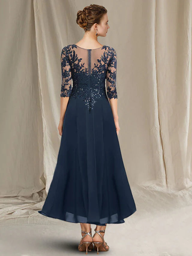 Wholesale A-Line Mother of the Bride Dress Elegant Sparkle & Shine High Low V Neck Asymmetrical Tea Length Chiffon Lace Half Sleeve with Sequin Ruffles Appliques