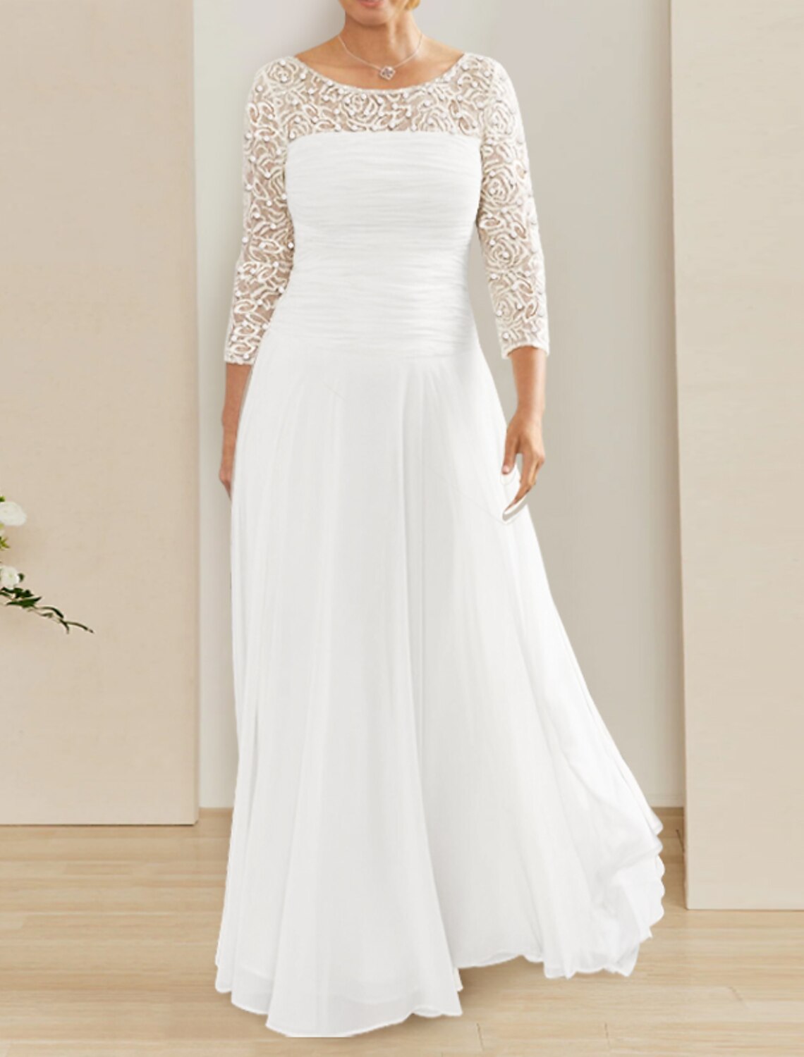 Wholesale Mature Modest Fall Wedding Dresses A-Line Illusion Neck 3/4 Length Sleeve Floor Length Chiffon Bridal Gowns With Ruched Solid Color