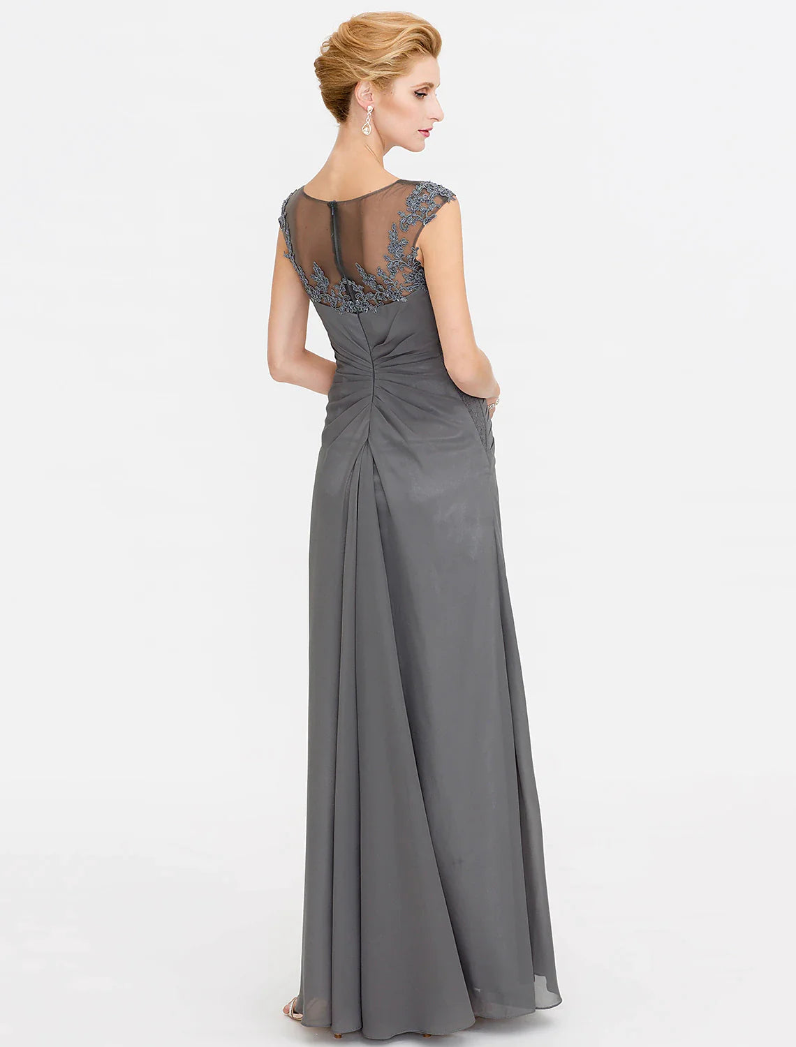 Wholesale A-Line Mother of the Bride Dress Wedding Guest Elegant See Through Bateau Neck Floor Length Chiffon Lace Sleeveless with Side Draping Fall