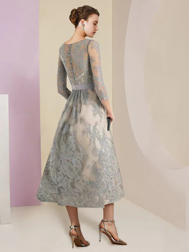 Wholesale A-Line Mother of the Bride Dress Formal Party Elegant V Neck Tea Length Lace 3/4 Length Sleeve with Bow(s) Appliques