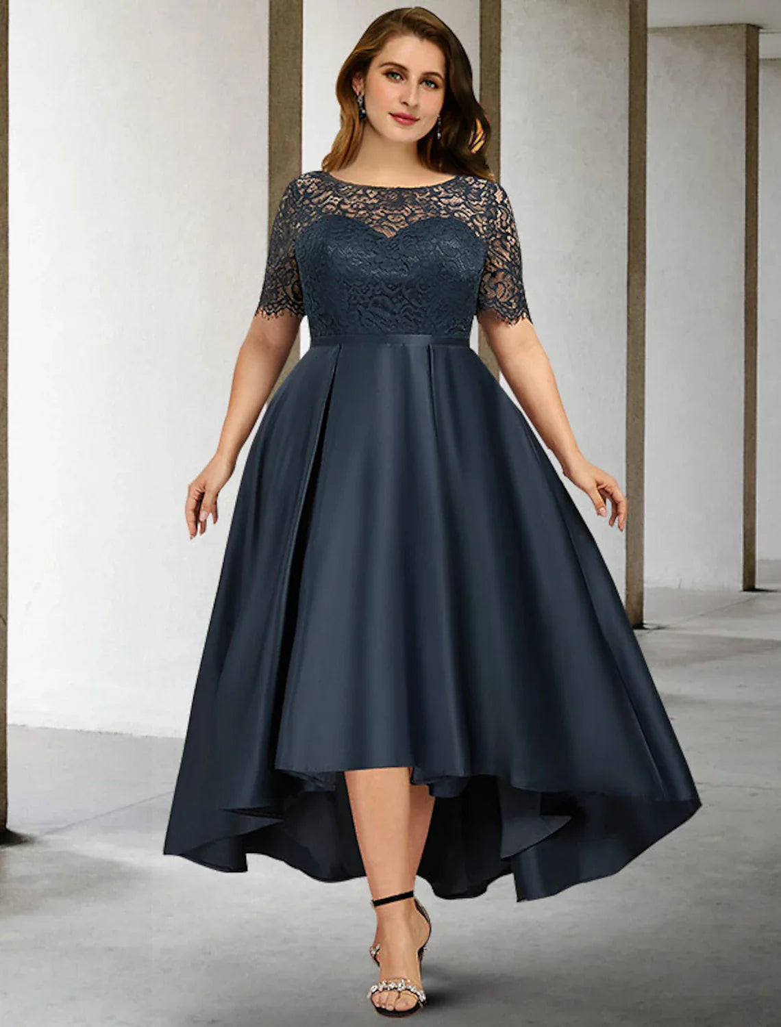 Wholesale A-Line Mother of the Bride Dresses Plus Size Hide Belly Curve Elegant Dress Formal Asymmetrical Short Sleeve Jewel Neck Satin with Pleats