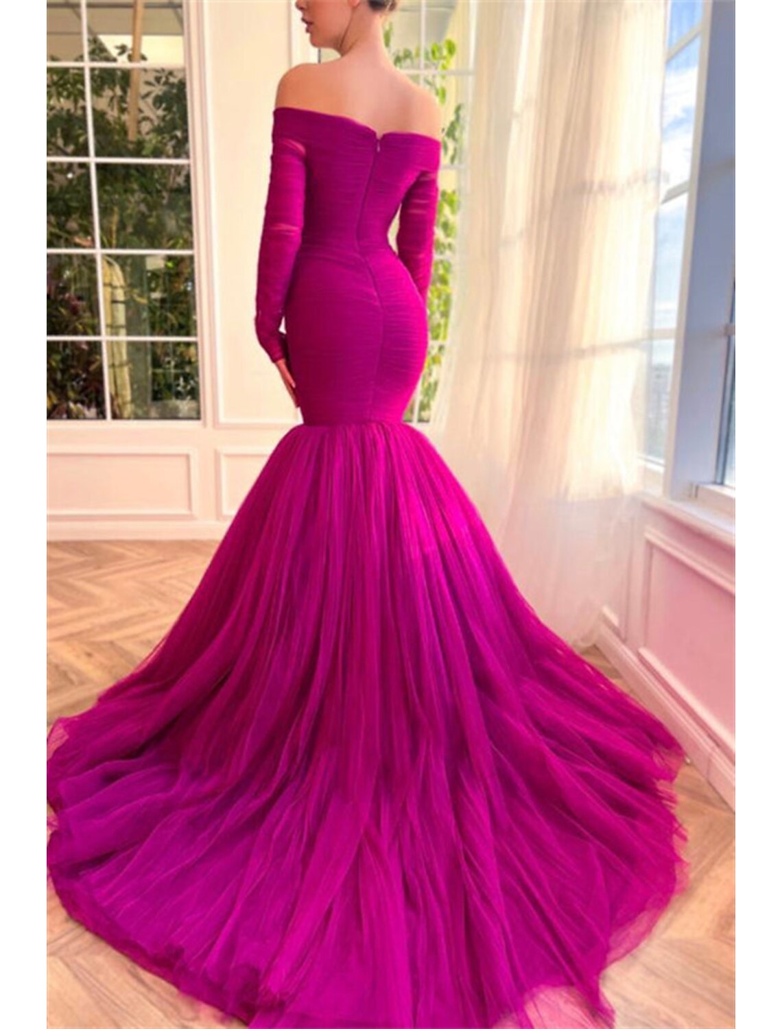 Wholesale Mermaid / Trumpet Evening Gown Elegant Dress Wedding Guest Wedding Party Court Train Long Sleeve Off Shoulder Tulle with Ruched