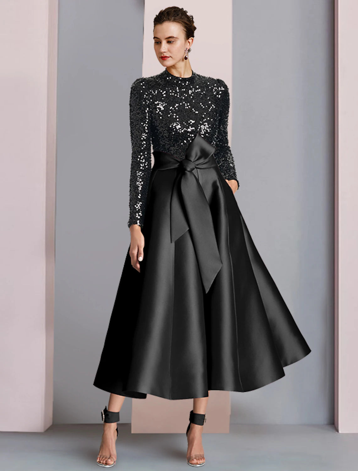Wholesale  A-Line Mother of the Bride Dress Wedding Guest Elegant Sparkle & Shine High Neck Tea Length Satin Sequined Long Sleeve with Bow(s) Pleats
