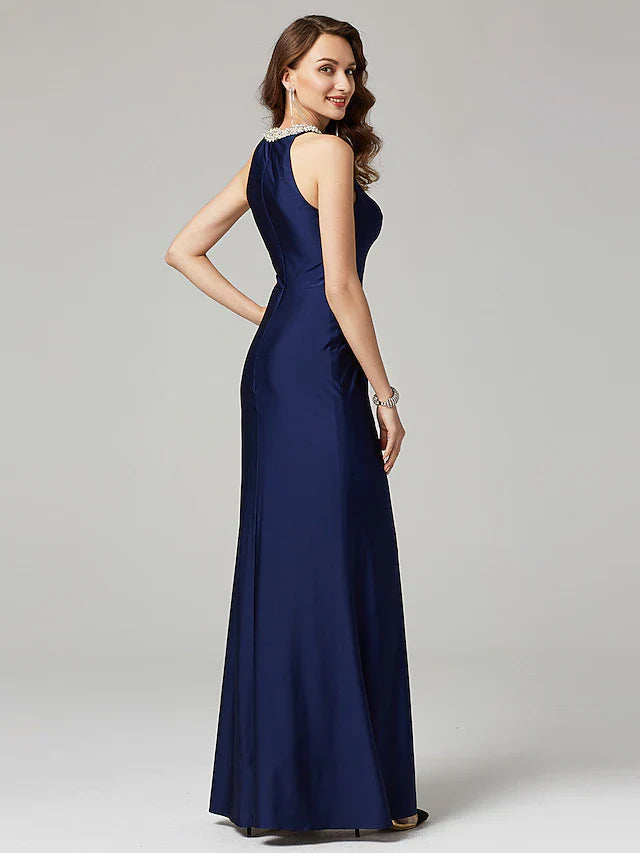 Wholesale Sheath / Column Mother of the Bride Dress Elegant Sexy Jewel Neck Floor Length Charmeuse Sleeveless with Pearls