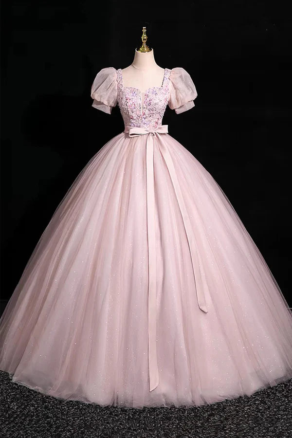 Wholesale Pink Tulle Floral Floor Length Prom Dress A-Line Short Sleeve Evening Dress