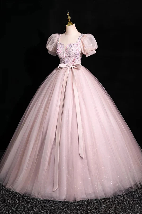 Wholesale Pink Tulle Floral Floor Length Prom Dress A-Line Short Sleeve Evening Dress