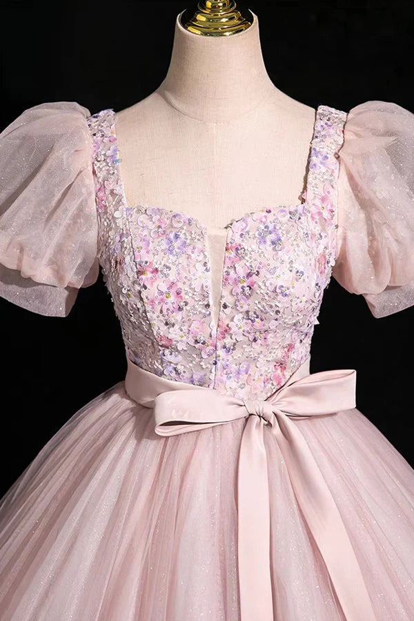 Wholesale Pink Tulle Floral Floor Length Prom Dress A-Line Short Sleeve Evening Dress