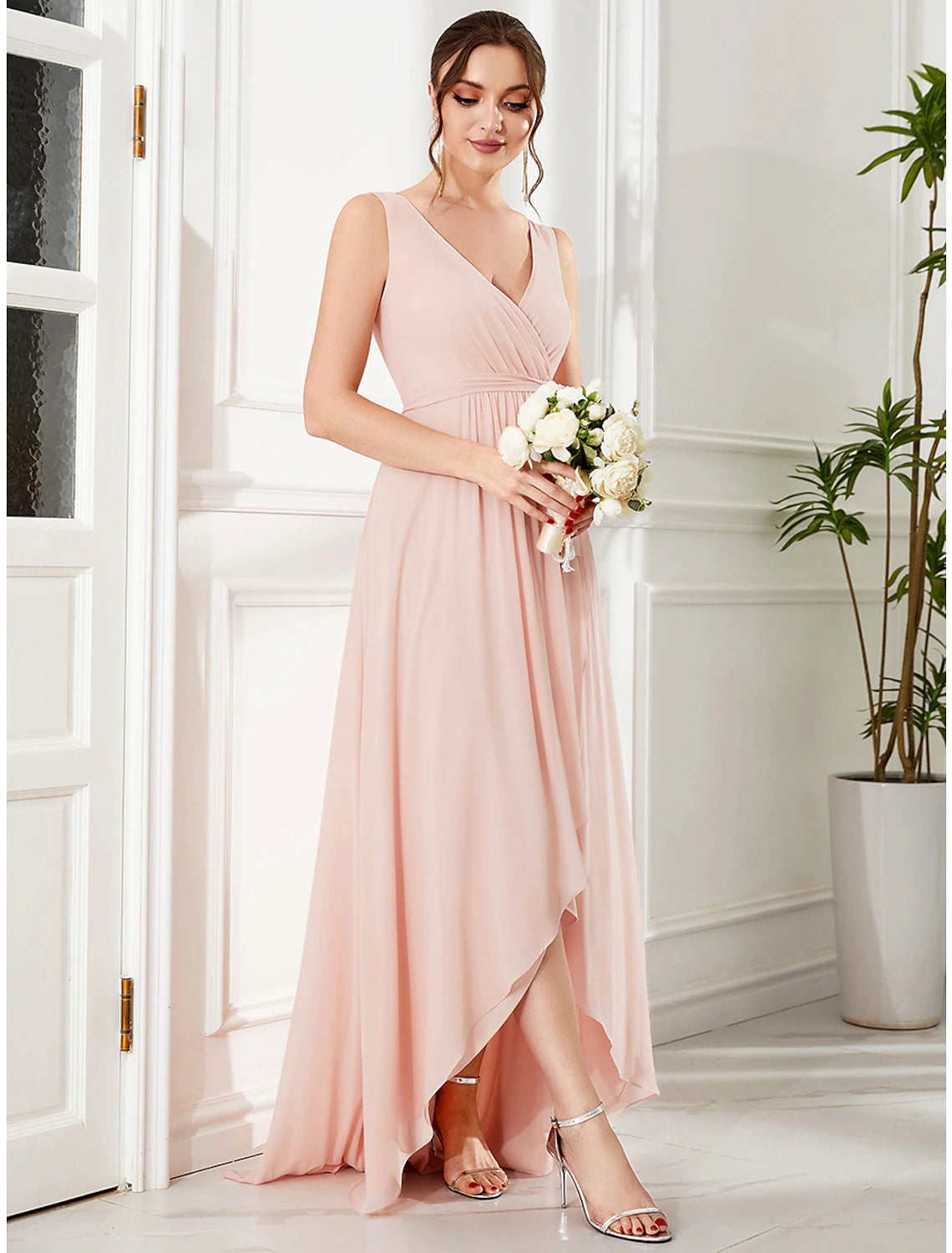 Wholesale  A-Line Wedding Guest Dresses Elegant Dress Party Wear Wedding Party Asymmetrical Sleeveless Spaghetti Strap Bridesmaid Dress Chiffon with Ruffles Slit