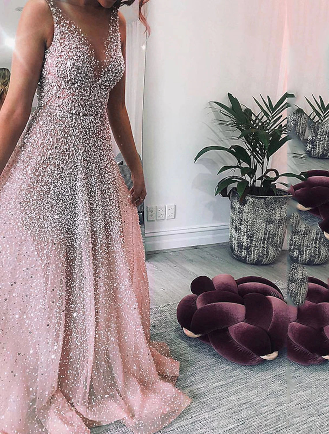 Wholesale A-Line Prom Dresses Glittering Dress Party Wear Wedding Party Sweep / Brush Train Sleeveless V Neck Tulle with Sequin