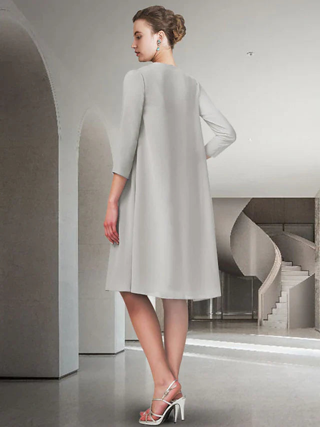 Wholesale Two Piece A-Line Mother of the Bride Dress Church Elegant Jewel Neck Knee Length Chiffon Sleeveless with Pleats Ruched